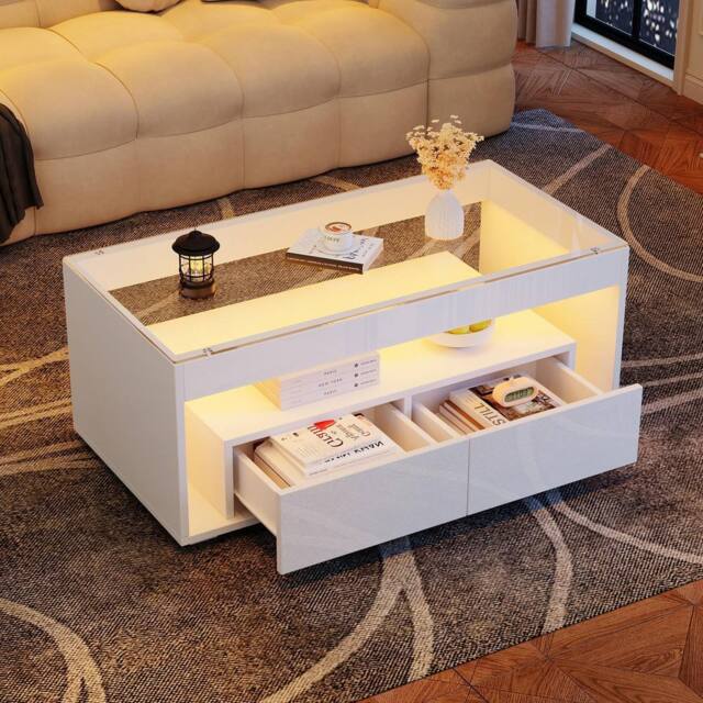 BTM High Gloss LED Coffee Table with Glass Top & 2 Drawers in White - image 1