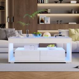 BTM High Gloss LED Coffee Table with Glass Top & 2 Drawers in White - thumbnail 4
