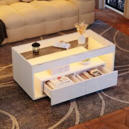 BTM High Gloss LED Coffee Table with Glass Top & 2 Drawers in White - thumbnail 1