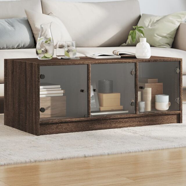 Berkfield Home Coffee Table with Glass Doors Brown Oak 102x50x42 cm - Size: 102 x 50 x 42 cm - image 1