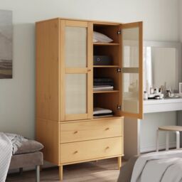 Berkfield Home Wardrobe SENJA Rattan Look Brown 90x55x175 cm Solid Wood Pine - Size: 90 x 55 x 175 cm - thumbnail 3