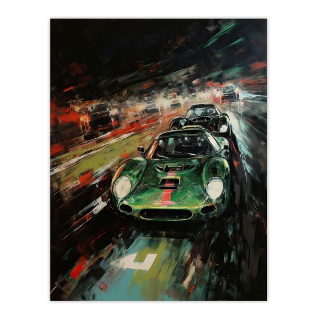 "Artery8 Wall Art Print Classic Sports Car British Racing Green Night Race Action Painting For Him Fan Man Cave Poster in Black - Size: W24"" x H32""" - image 1