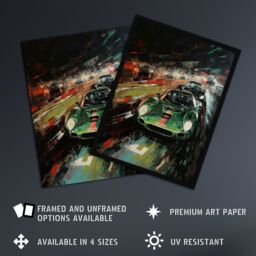"Artery8 Wall Art Print Classic Sports Car British Racing Green Night Race Action Painting For Him Fan Man Cave Poster in Black - Size: W24"" x H32""" - thumbnail 2