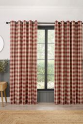 Curtina 'Everett' Jacquard Woven Check Pair of Eyelet Curtains in Red - Size: 117 cm width x 137 cm drop