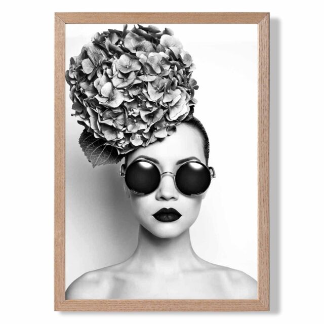 ARTZE Girl with Dark Sunglasses Fashion Black & White Photo Framed Print SIZE: A4 with Oak Frame - image 1