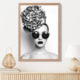 ARTZE Girl with Dark Sunglasses Fashion Black & White Photo Framed Print SIZE: A4 with Oak Frame - thumbnail 2