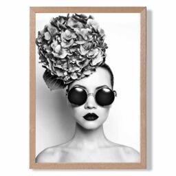 ARTZE Girl with Dark Sunglasses Fashion Black & White Photo Framed Print SIZE: A4 with Oak Frame - thumbnail 1