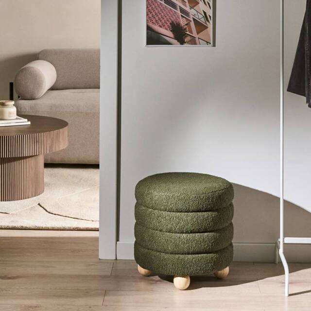 Wyld and Coco Green Boucle Pouffe - Teddy Faux Fur Footstool with Pine Legs - image 1