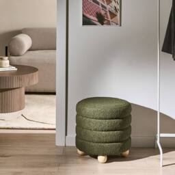 Wyld and Coco Green Boucle Pouffe - Teddy Faux Fur Footstool with Pine Legs - thumbnail 1