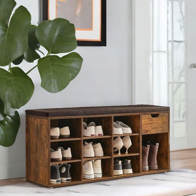 FURNOS 10 Compartment Shoe Storage Bench Industrial Rustic in Brown - image 1