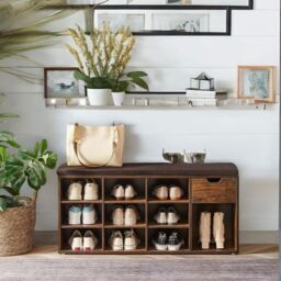 FURNOS 10 Compartment Shoe Storage Bench Industrial Rustic in Brown - thumbnail 5