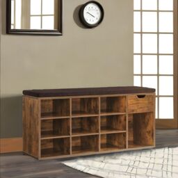 FURNOS 10 Compartment Shoe Storage Bench Industrial Rustic in Brown - thumbnail 4