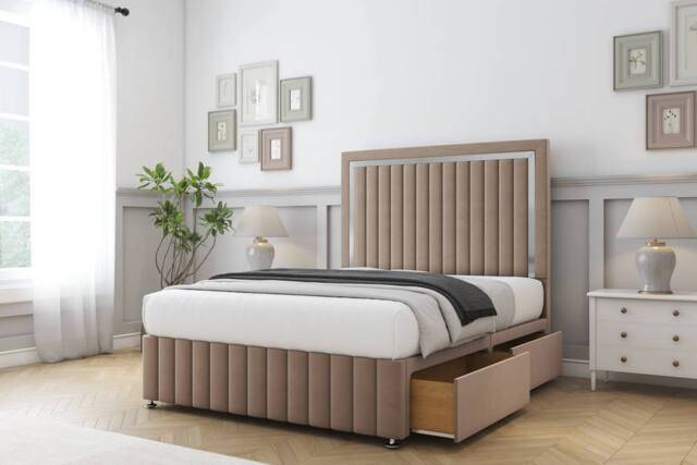 "Sloomy Boston Chrome Plush Divan Set 2 Drawers-54"" Headboard-Footboard in Taupe - Size: Double" - image 1