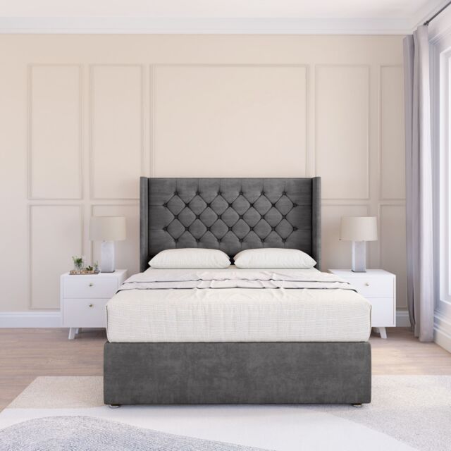 "Sloomy Dior Plush Wingback Bed Set, No Drawers & 54"" Floor Standing Headboard in Dark Grey - Size: Small Single" - image 1