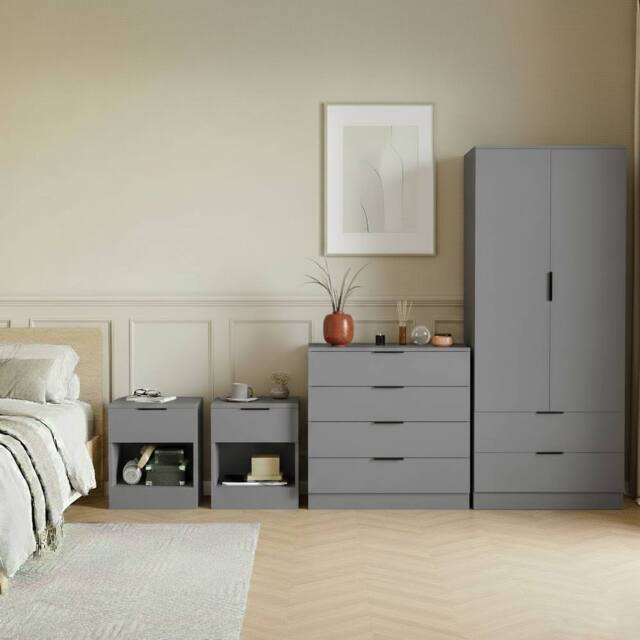 HD Designs Trega 4Pc Bedroom Set (Bedside x2, 4Dr Chest & Wardrobe) in Grey - image 1