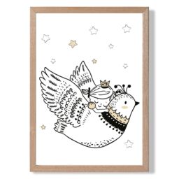 ARTZE Scandi Princess Little & Flying Bird Framed Print SIZE: A2 with Oak Frame in Black - Size: A4