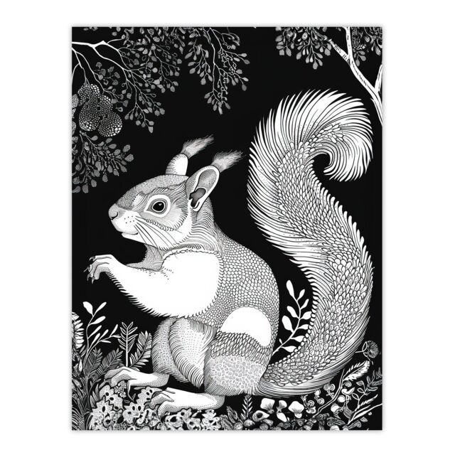 "Artery8 Happy Squirrel in Trees Black & White Drawing Wall Art Print - Size: W18"" x H24""" - image 1