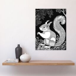 "Artery8 Happy Squirrel in Trees Black & White Drawing Wall Art Print - Size: W18"" x H24""" - thumbnail 4
