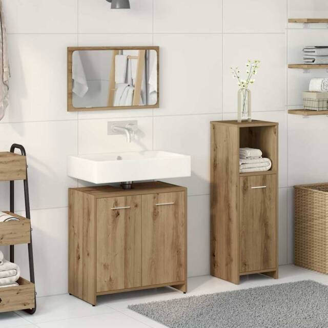 Berkfield Home Durable 3 Piece Bathroom Furniture Set Artisan Oak Engineered Wood in Brown - image 1