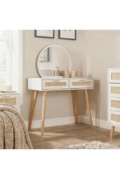 Home Source Dressing Table & Circular Mirror 2 Rattan Front Drawers Vanity Table in White