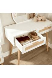 Home Source Dressing Table & Circular Mirror 2 Rattan Front Drawers Vanity Table in White - thumbnail 3