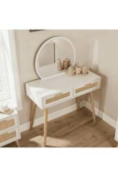 Home Source Dressing Table & Circular Mirror 2 Rattan Front Drawers Vanity Table in White - thumbnail 2