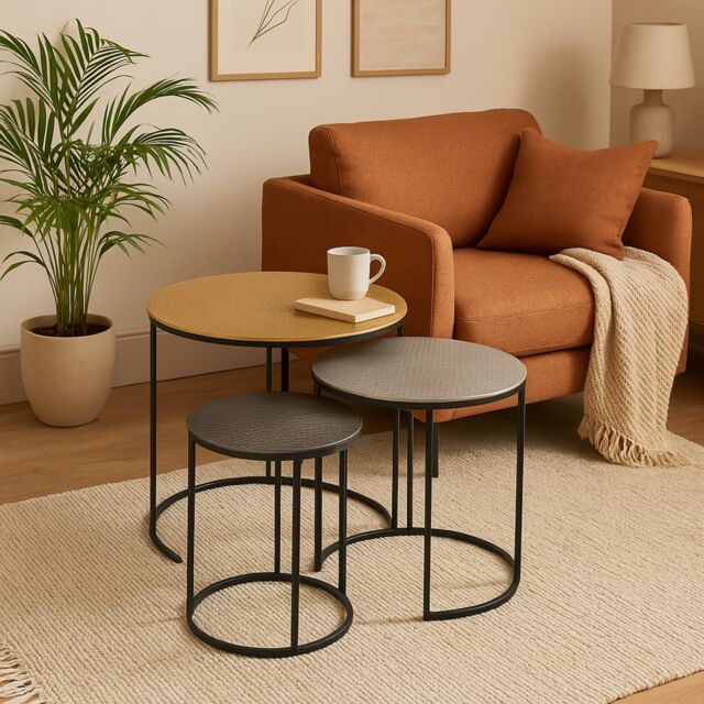 Orsina Nest Of Three Hammered Metal Tables, Gold, Silver & Black Round Table Tops, Modern Nesting Tables - image 1