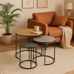 Orsina Nest Of Three Hammered Metal Tables, Gold, Silver & Black Round Table Tops, Modern Nesting Tables - thumbnail 1