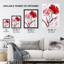 "Artery8 Red Carnation Flower Abstract Watercolour Framed Art Print - Size: W12"" x H16""" - thumbnail 3