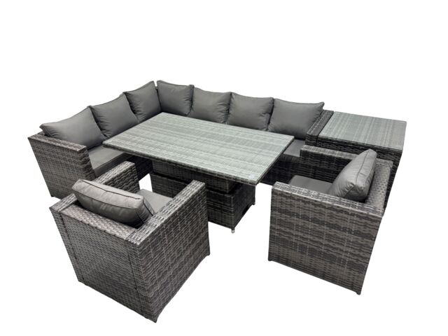 Fimous 8-seater Rattan Garden Furniture Dining Set with Side Table in Dark Grey - image 1