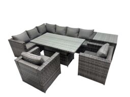 Fimous 8-seater Rattan Garden Furniture Dining Set with Side Table in Dark Grey - thumbnail 1