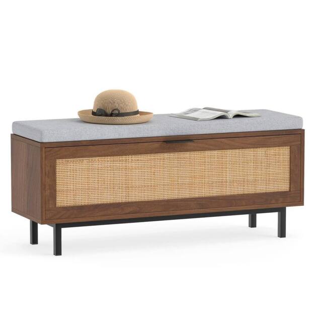 Havendro Shoe Bench with Padded Cushion Entryway Bench with Rattan in Brown - image 1