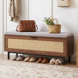 Havendro Shoe Bench with Padded Cushion Entryway Bench with Rattan in Brown - thumbnail 4