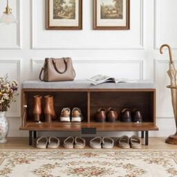 Havendro Shoe Bench with Padded Cushion Entryway Bench with Rattan in Brown - thumbnail 5