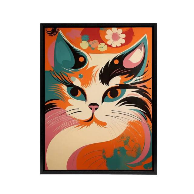 "Artery8 Cat Retro Boho Flower Power Floral Framed Canvas Wall Art Print - Size: W12"" x H16""" - image 1