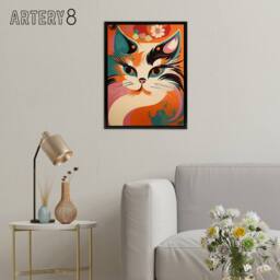 "Artery8 Cat Retro Boho Flower Power Floral Framed Canvas Wall Art Print - Size: W12"" x H16""" - thumbnail 3