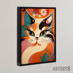 "Artery8 Cat Retro Boho Flower Power Floral Framed Canvas Wall Art Print - Size: W12"" x H16""" - thumbnail 2