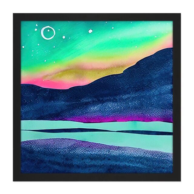 "Artery8 Wall Art Print Northern Lights Aurora Borealis Midnight Sun Mountain Landscape Square Framed Picture 16X16 Inch in Black - Size: W16"" x H16""" - image 1