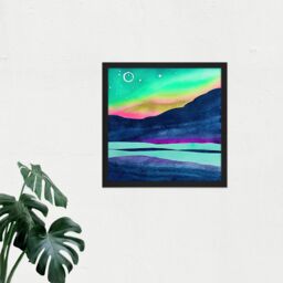 "Artery8 Wall Art Print Northern Lights Aurora Borealis Midnight Sun Mountain Landscape Square Framed Picture 16X16 Inch in Black - Size: W16"" x H16""" - thumbnail 2