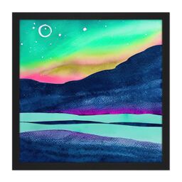 "Artery8 Wall Art Print Northern Lights Aurora Borealis Midnight Sun Mountain Landscape Square Framed Picture 16X16 Inch in Black - Size: W16"" x H16""" - thumbnail 1