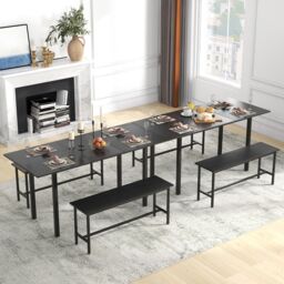 Costway 3 Pcs 160cm Dining Table Set for 4 6 Extendable Kitchen Table Set with 2 Benches in Black - thumbnail 4