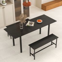 Costway 3 Pcs 160cm Dining Table Set for 4 6 Extendable Kitchen Table Set with 2 Benches in Black - thumbnail 5