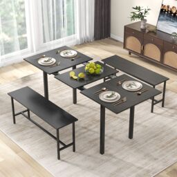 Costway 3 Pcs 160cm Dining Table Set for 4 6 Extendable Kitchen Table Set with 2 Benches in Black