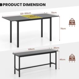 Costway 3 Pcs 160cm Dining Table Set for 4 6 Extendable Kitchen Table Set with 2 Benches in Black - thumbnail 3