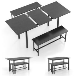 Costway 3 Pcs 160cm Dining Table Set for 4 6 Extendable Kitchen Table Set with 2 Benches in Black - thumbnail 2