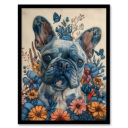 Artery8 Wall Art Print French Bulldog Puppy Dog Lover Floral Portrait Art Framed Poster in Black - Size: A4 - thumbnail 1