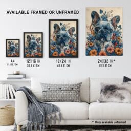 Artery8 Wall Art Print French Bulldog Puppy Dog Lover Floral Portrait Art Framed Poster in Black - Size: A4 - thumbnail 3