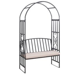 OUTSUNNY Garden Arbor Arch Metal Bench Padded Seat Outdoor Decoration Patio in Dark Grey - Size: 2 Seater - thumbnail 2