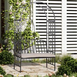 OUTSUNNY Garden Arbor Arch Metal Bench Padded Seat Outdoor Decoration Patio in Dark Grey - Size: 2 Seater - thumbnail 1