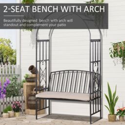 OUTSUNNY Garden Arbor Arch Metal Bench Padded Seat Outdoor Decoration Patio in Dark Grey - Size: 2 Seater - thumbnail 4